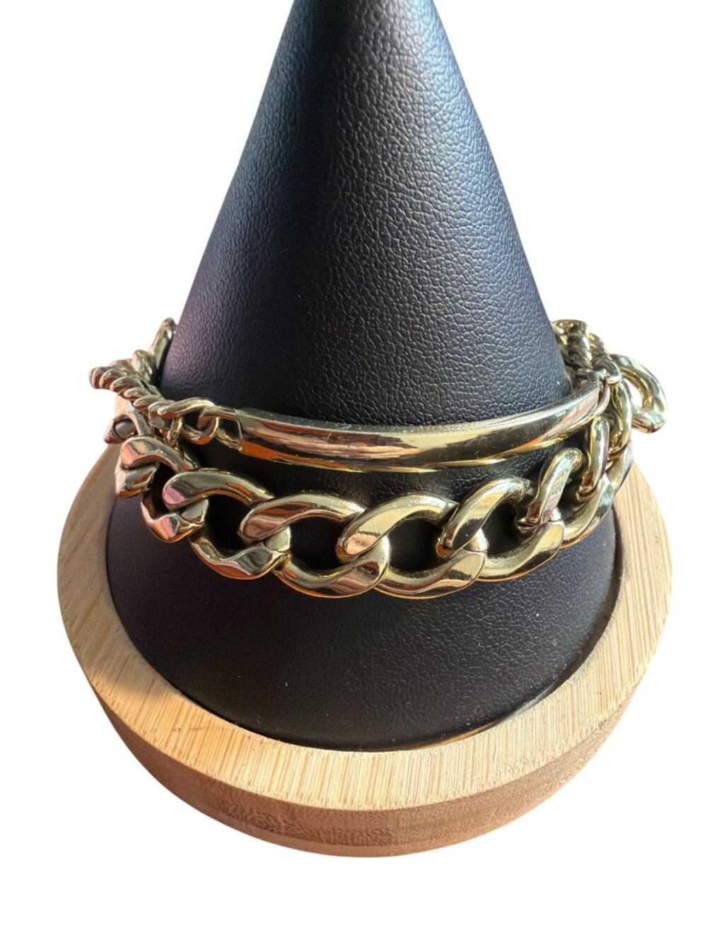 Chunky Gold Tone Cuban Chain Link Bracelet ID Bar Double Strand Adj. 8.5"